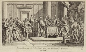Establecimiento de la Academia de los Juegos Florales, la sociedad literaria más antigua del mundo occidental, Toulouse, Francia de Charles Nicolas II Cochin