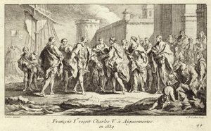 El Rey Francisco I de Francia recibiendo al Emperador Carlos V en Aigues-Mortes de Charles Nicolas II Cochin