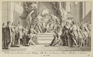 Encuentro en Toulouse entre el rey Felipe III de Francia y el rey Pedro III de Aragón de Charles Nicolas II Cochin