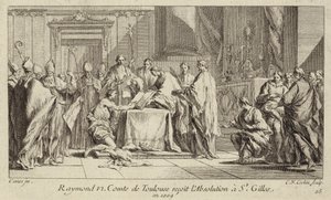 Raymond VI, conde de Toulouse, humillándose en la iglesia de San Gil para levantar su excomunión