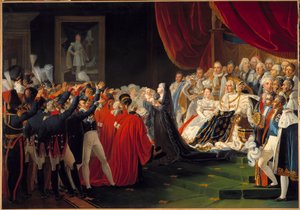 La Duquesa de Berry presenta a su hijo el Duque de Burdeos al pueblo y al ejército: Marie Caroline de Borbón Sicilia, Duquesa de Berry, presenta a su hijo el Duque de Burdeos al pueblo y al ejército en presencia del Rey Luis XVIII de Charles Nicolas Raphael Lafond