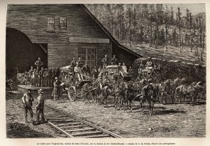 La estación de Reno, para tomar el tren hacia Virginia City (Nevada), en el Ferrocarril Central del Pacífico (Central Pacific), grabado después del dibujo de O. de Penne, ilustrando el viaje de Washington a San Francisco, en 1868, por L. Simonin, publicado de Charles Oliver de Penne