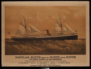 Ruta popular entre el Norte y el Sur vía Nueva York y Savannah, Ocean Steamship Company of Savannah... Ciudad de Augusta... (litografía, coloreada)