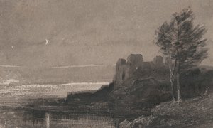 Un castillo a orillas del agua a la luz de la luna