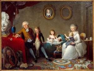 La familia de Jean Pierre Dourcet. Familia de la nobleza realista en la época de la Revolución. Una flor de lirio está colocada sobre la mesa y los bustos del rey y la reina. Pintura de Charles Landon de Charles Paul Landon