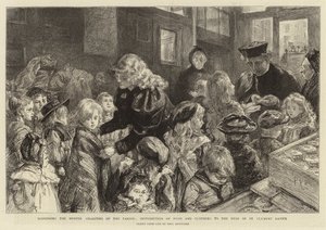 Distribución de las caridades de invierno de la parroquia, distribución de alimentos y ropa a los pobres de St Clement Dane