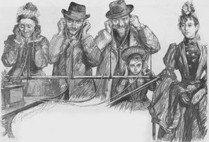 Visitantes a la Exposición de París escuchando el fonógrafo de Charles Paul Renouard