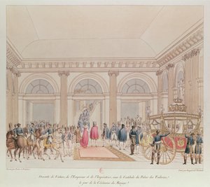 El descenso del Emperador y la Emperatriz del carruaje bajo el vestíbulo del Palacio de las Tullerías el día de su matrimonio (grabado en color) de Charles Percier