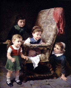 Niños jugando alrededor de una silla de Charles Petit