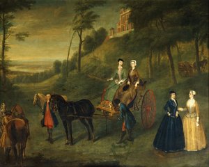 Damas y doncellas de honor en el Parque de Greenwich: Un retrato grupal de Juliana, duquesa de Leeds, Lady Charlotte Hamilton, Lady Isabella Tufton y Henrietta, condesa de Pomfret, todas vestidas con trajes de montar, con mozo de cuadra y caballos frente a