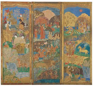Biombo de tres paneles, c.1916-17 (óleo y pan de oro sobre madera gessoada) de Charles Prendergast