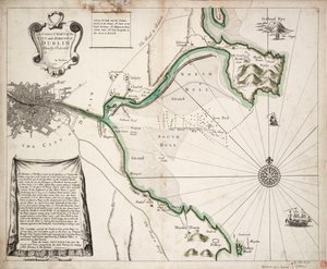 Una carta correcta de la ciudad y el puerto de Dublín, Irlanda.