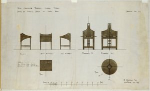 Diseños para escritorios mostrados en elevaciones frontal y lateral, para los Salones de Té de Ingram Street, 1909 de Charles Rennie Mackintosh