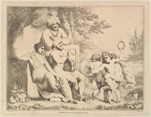 Tres putti bailando al son de un flautista, 1 de marzo de 1780 de Charles Reuben Ryley