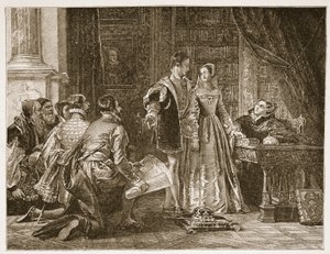 La reticencia de Lady Jane Grey a aceptar la corona, Sion House, 8 de julio de 1553, ilustración de 