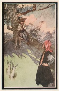 Un niño estaba sentado bajo un árbol, tocando una flauta de madera tosca de Charles Robinson