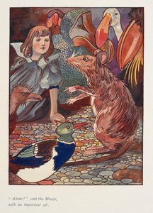"¡Ejem!" dijo el ratón, con aire importante.
Alicia con un ratón y otros animales.