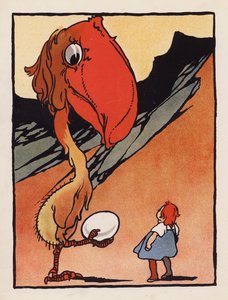 Nonsense: Niño con un extraño pájaro que sostiene un huevo (litografía en color)