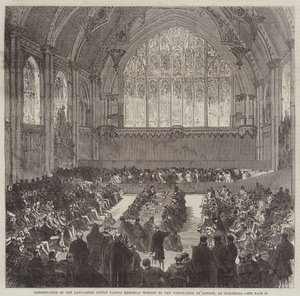 Presentación de la ventana conmemorativa de la hambruna del algodón de Lancashire a la Corporación de Londres, en Guildhall de Sir John Charles Robinson