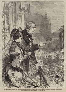 La elección de Midlothian, el Sr. Gladstone dirigiéndose a la multitud desde el balcón de la casa de Lord Rosebery, en George-Street, Edimburgo, ocho de la noche, lunes, 5 de abril