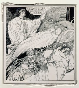 Allí Yacía, Viéndose Tan Hermosa, ilustración de Briar Rose, Los Anales Verdaderos de Fairyland - El Reinado del Rey Herla, publicado por J.M. Dent & Co. Ltd., 1900 de Charles Robinson