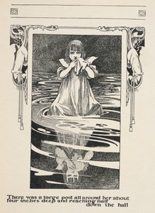 Había un gran charco a su alrededor de unos diez centímetros de profundidad y que llegaba hasta la mitad del pasillo.
Alice llorando en el poool de lágrimas. de Charles Robinson