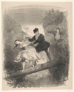 Escena de ballet con hombre y mujer sobre abismo Anuncio Entradas para ballets y obras de teatro en el Amsterdam City Theatre (título de la serie) de Charles Rochussen
