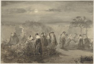 Compañía de damas y caballeros en un patio a la luz de la luna con rosales de Charles Rochussen