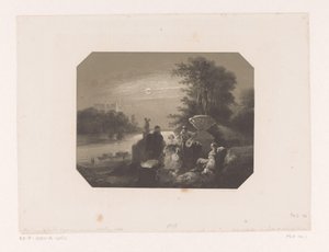Hombres y mujeres en el paisaje a la luz de la luna.
