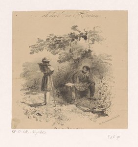 Pintor en reposo en conversación con otro artista Escuela de pintura de Hollandsche, dibujos y bocetos de los pintores más famosos de los Países Bajos (título de la serie) de Charles Rochussen