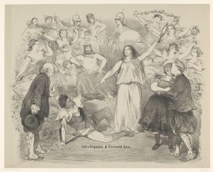 Escena de la obra Verdad y mentira. Anuncios de ballets y obras de teatro representadas en el Amsterdam City Theatre (título de la serie) de Charles Rochussen