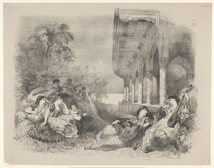 Escena de juego con mujeres orientales. Anuncios de ballets y obras de teatro representadas en el Amsterdam City Theatre (título de la serie) de Charles Rochussen