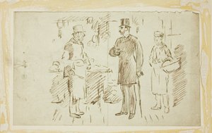 Caballero con sombrero alto hablando con carnicero de Charles Samuel Keene