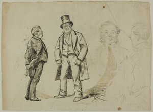 Boceto de dos hombres de pie y dos retratos de Charles Samuel Keene