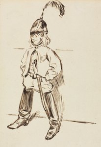 Estudio de un niño con casco y botas de Charles Samuel Keene
