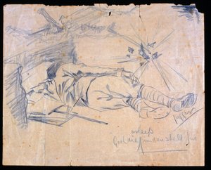 Teniente Leslie Gooldie durmiendo bajo fuego de artillería, 1915