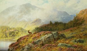 Ciervo en un paisaje de las tierras altas (óleo sobre lienzo) de Charles Stuart