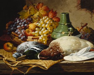Un ánade real y una paloma torcaz con una cesta de manzanas y uvas en un borde de madera de Charles Thomas Bale