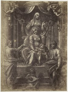 Reproducción fotográfica de un dibujo de Rafael, Ana, María y Cristo