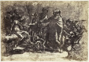 Reproducción fotográfica de un dibujo de Rafael, escena con soldados, mujer desnuda y ángel