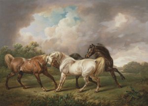 Tres caballos en un paisaje tormentoso