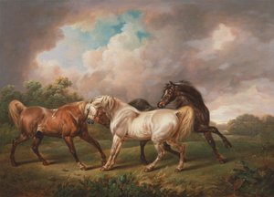 Tres caballos en un paisaje tormentoso