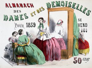 Cartel publicitario para el Almanaque de Damas y Damas para 1859 (jóvenes hablando de trapos frente a un armario de hielo), 50 centavos de Charles Vernier