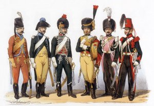 Trajes del ejército francés: Lanceros g-d: 1745 archivo cazador (bajo LuisXV); 1785 bajo LuisXVI; 1794 república; 1810 guardia imperiale (1er imperio); 1824 guardia real (restauración); 1840, dibujo de Charles Vernier (1831-1887).