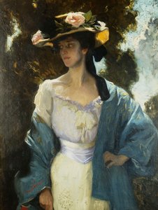 Retrato de Frances Josephine Furse, cuñada del artista con una chaqueta oriental azul, 1903 de Charles Wellington Furse