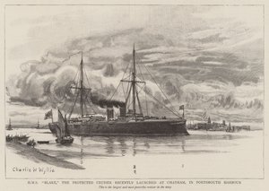 HMS Blake, el Crucero Protegido recientemente lanzado en Chatham, en el Puerto de Portsmouth de Charles William Wyllie