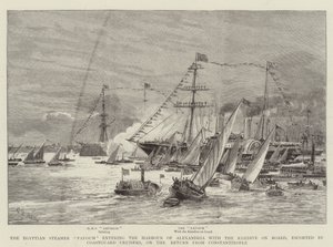 El Vapor Egipcio Fayoum entrando en el Puerto de Alejandría con el Jedive a Bordo, escoltado por Cruceros de la Guardia Costera, en el Regreso de Constantinopla de Charles William Wyllie