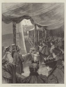 El Flotamiento del HMS Majestic, en Portsmouth, el 31 de enero, la Princesa Louise bautizando el barco de Charles William Wyllie