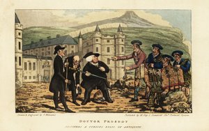 Un albañil escocés informando a turistas ingleses que su oxidada espada antigua falchion es una hoja moderna de Andrea Ferrara frente al Palacio de Holyrood, Edimburgo