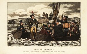Turistas ingleses y escocés con chaqueta de tartán navegando en Loch Leven en las tierras altas escocesas de Charles Williams
